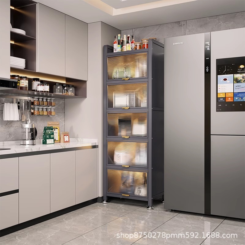 Kitchen Gap Storage Cabinet, Floor-Standing Multi-Layer Storage Cabinet, Refrigerator Gap Cabinet with Doors, Ultra-Narrow Bowl and Pot Storage Rack Cabinet