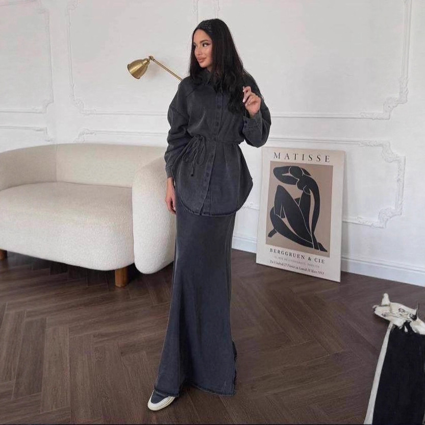Women's Slim Fit Elegant Sports Bodycon Skirt Cardigan Jacket Denim Autumn Clothing European American Middle Eastern Style_ecoleips.com