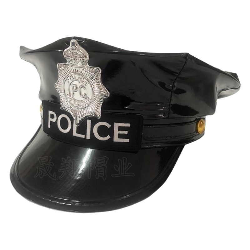 Black Leather Octagonal Police Hat Adult Role-Playing Hat Accessories Uniform Hat Party Ladies Export European and American Hat