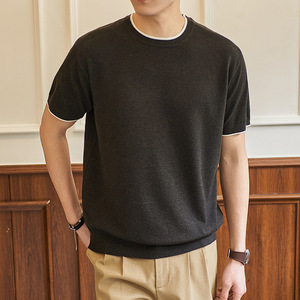 ZY8116-MW 简约高级感上衣宽松休闲T恤美式假两件短袖针织衫，男装针织衫/毛衣，星座614