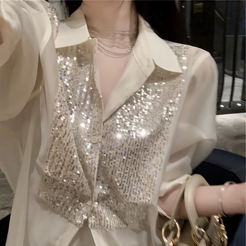 French Sequin Sparkling Shirt for Women 2023 Spring and Summer New Style Accessible Luxury Elegant Loose Slimming Look Versatile Sun Protection Top Trendy