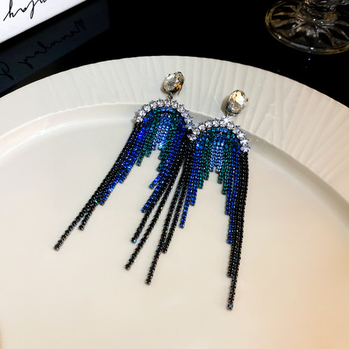 Silver needle inlaid with diamond letters, geometric long tassel earrings, European and American exaggerated design earrings, personalized earrings for women wholesale