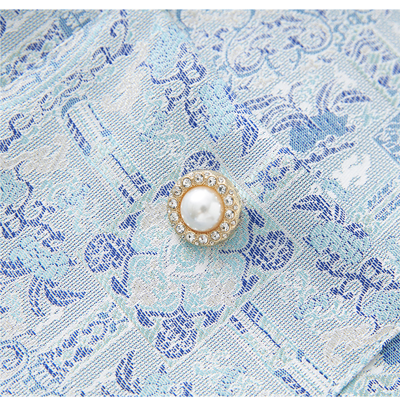 Váy chữ A jacquard lụa vàng phong cách quốc gia tay ngắn chất lượng cao — Màu xanh lam chi tiết 19