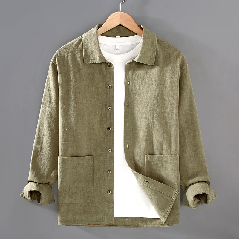 2378 Ramie Loose Casual Men's Shirt Spring and Autumn Men's Solid Color Cotton and Linen Men's Shirt Spring Long Sleeve Top