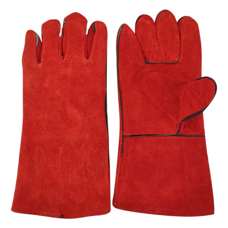 Линьи оптом желтые и красные кожаные двухслойные износостойкие Удлиненные перчатки сварщика, утолщенные двухслойные сварочные перчатки с защитой от ожогов