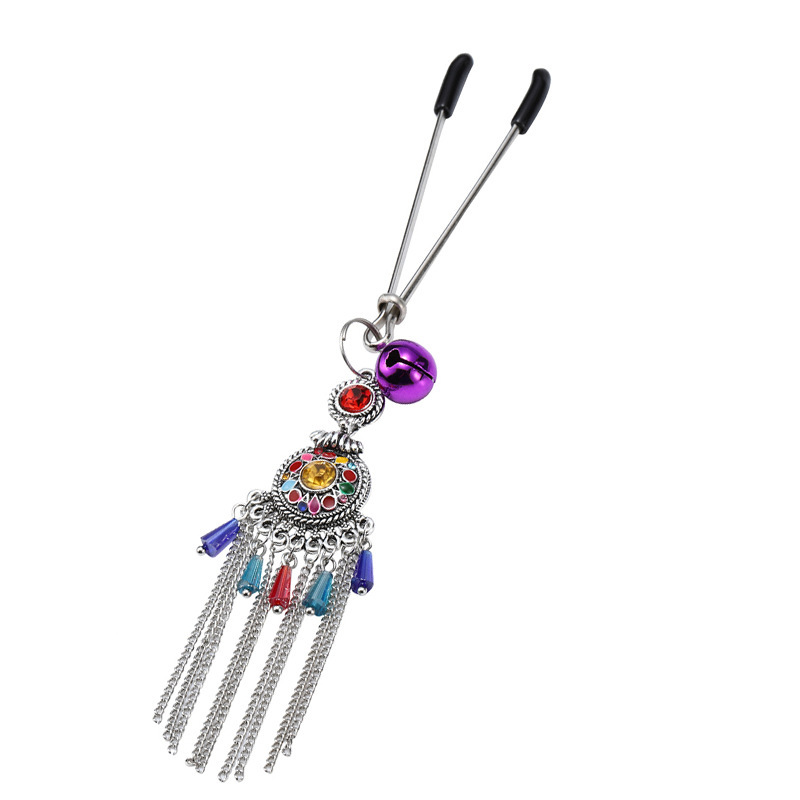 Vintage Metal Nipple Clamps with Feather Tassels, Bohemian Style Pair — detail image 1