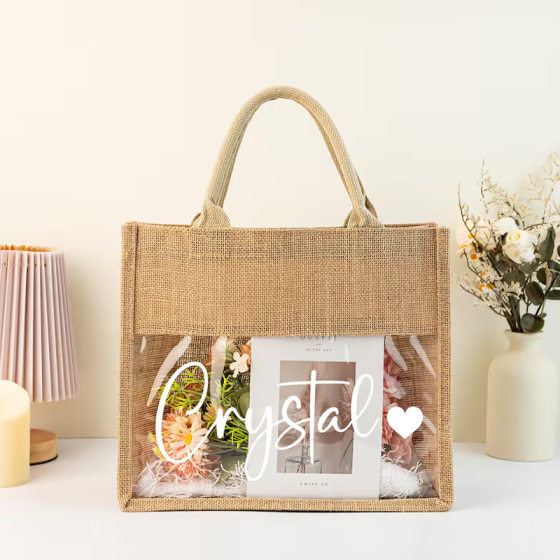 Customized UV Portable Sack PVC Transparent Window Sack Storage Jute Wine Bag Laminated Like Sack Gift Bag