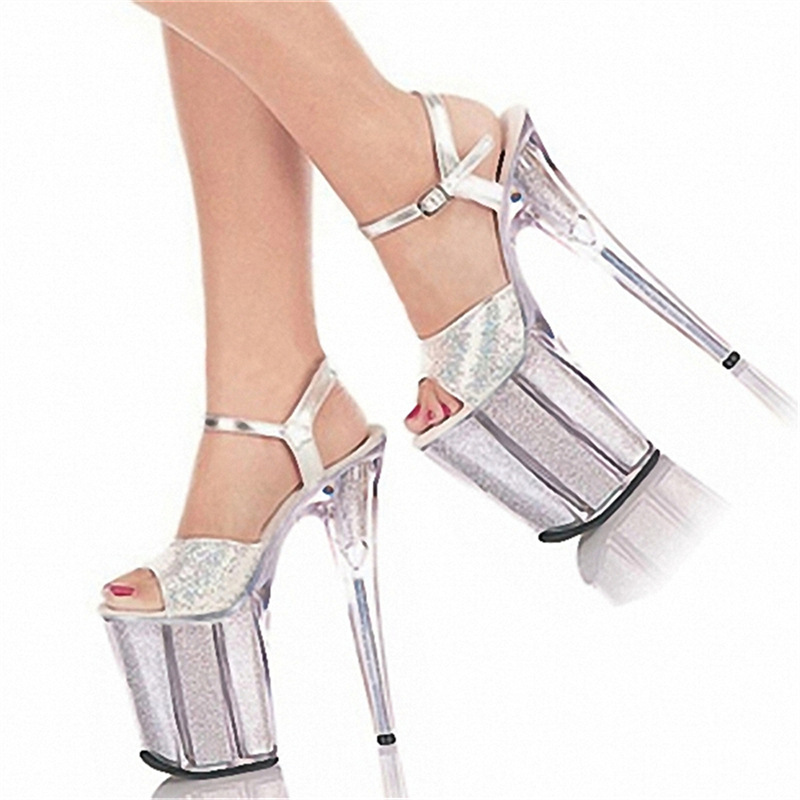 Sandallas nuevas plata transparente impermeable tablero de tacones de hebilla de tacones de sandallas de tacones de 20 cm