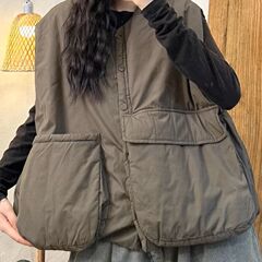 花楼出品2025秋冬新款休闲百搭文艺风V领按扣夹棉灯笼马甲女