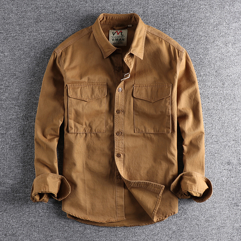 2024 Retro Tooling Stereo Pocket Shirt Men's All Cotton Long Sleeve Loose Shirt