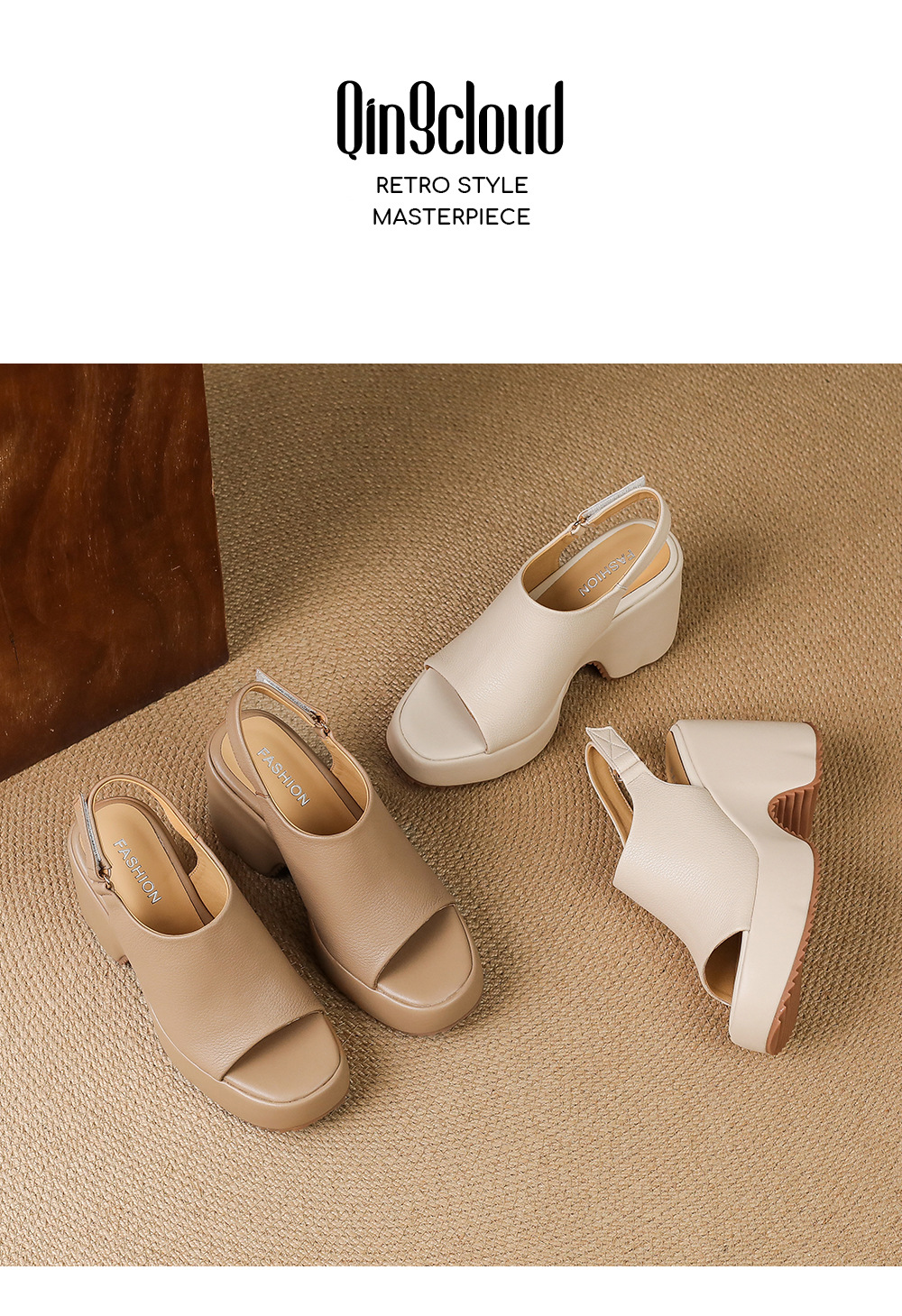 Sandal cao gót nữ hở mũi đế xuồng da bò mềm quai dán — màu trắng ngà, màu mơ chi tiết 14
