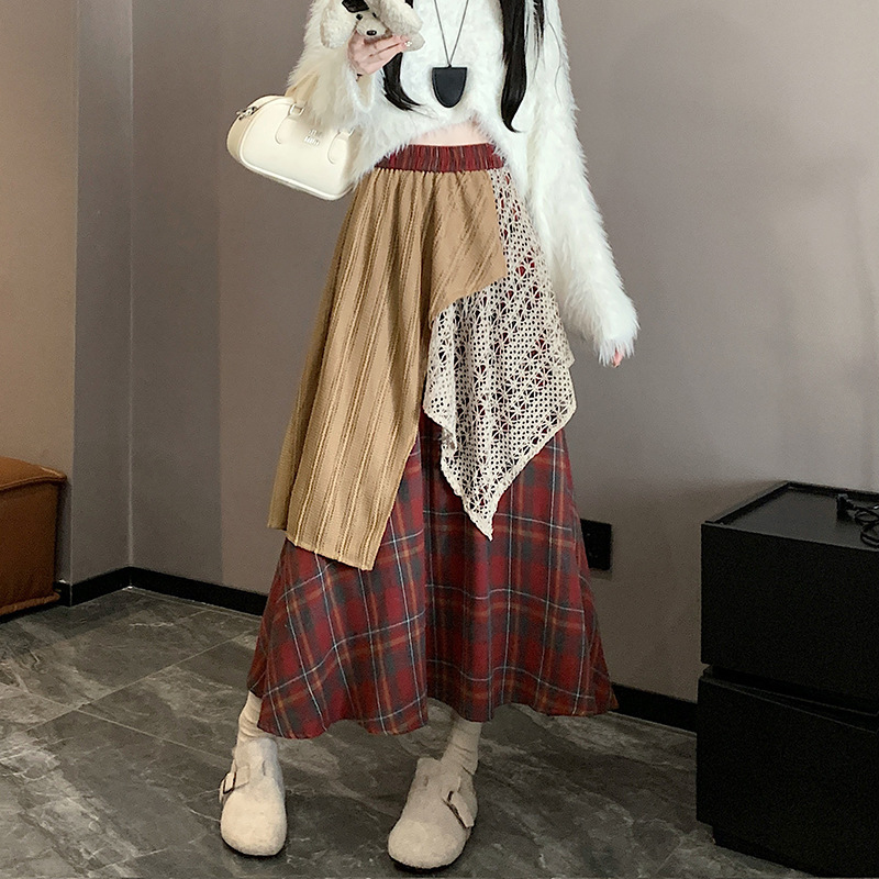 实拍 2025设计感拼接半身裙女秋冬小众别致复古格子裙A字裙长裙子|undefined
