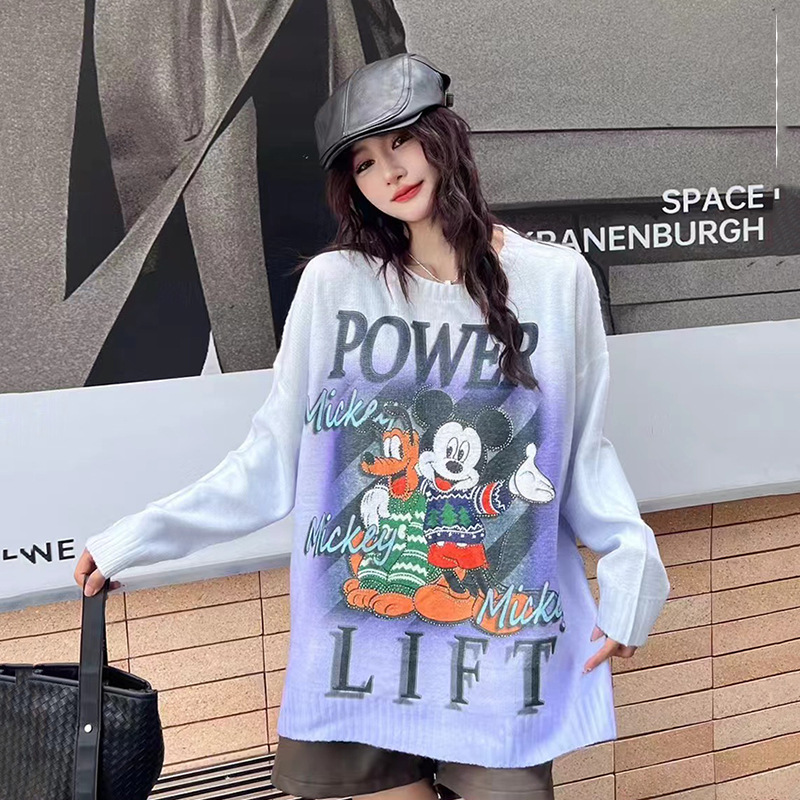 European Style Plus-Size Round-Neck Sweater for Women, Spring and Autumn 2024, Cartoon Print, Heavy-Duty Rhinestone Embellishment, Mid-Length Knitted Top