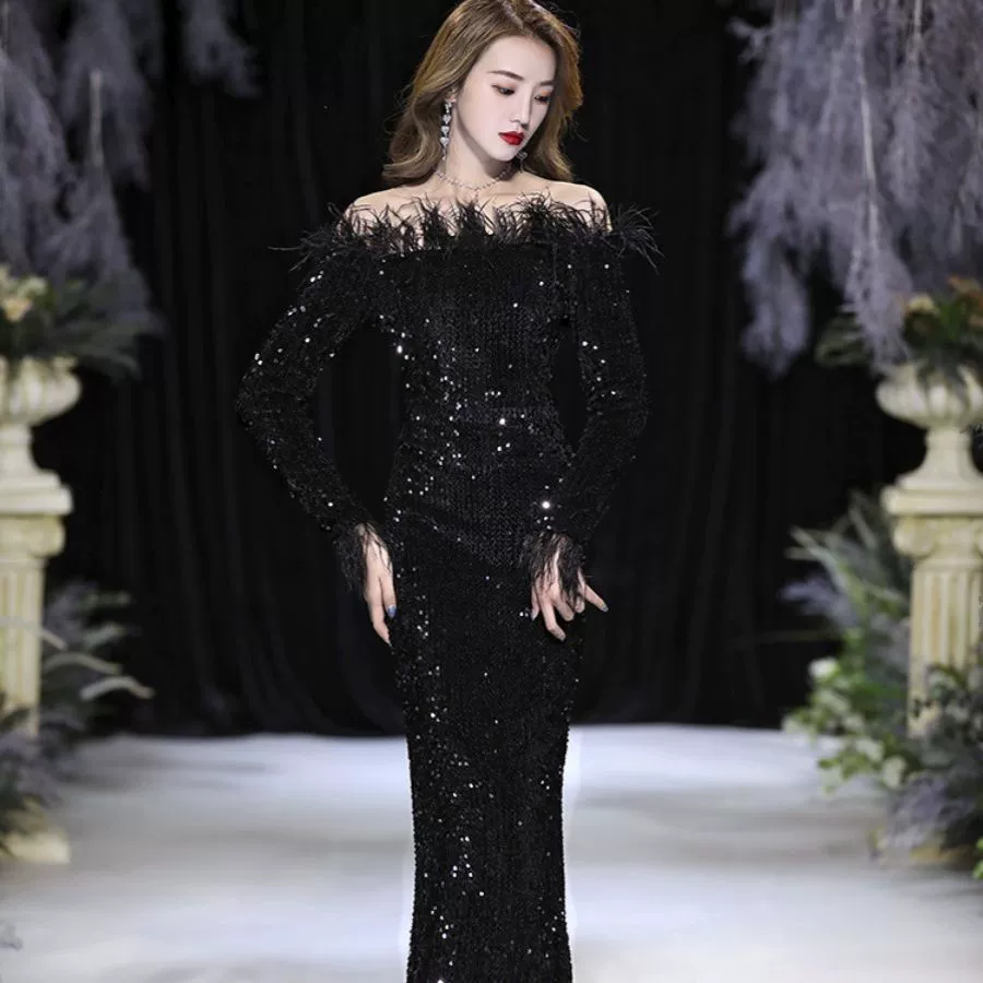 Вечернее платье с блестками, женское сексуальное легкое роскошное нишевое платье для банкета с длинными рукавами и открытыми плечами