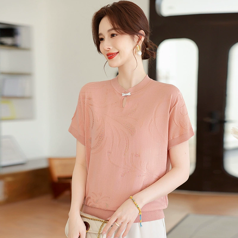 Китайский стиль мамы с пряжкой чонсам воротник высокого уровня жаккардовый трикотаж с короткими рукавами