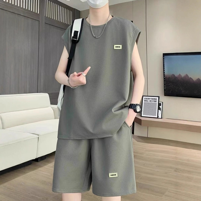 2026 Hong Kong Style Sleeveless Men's Summer Suit Ice Silk Loose Vest Casual Sports Suit Sports Two-Piece Trendy Set