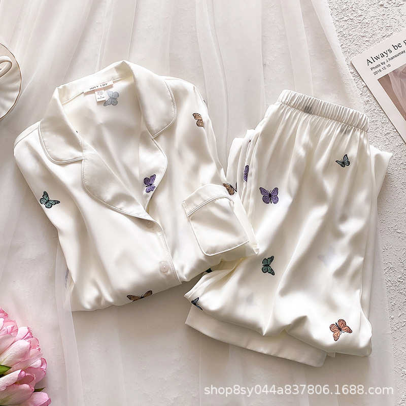 Butterfly imprimido pijama de primavera y otoño de mujeres nuevo 2025 seda de hielo ropa doméstica dos piezas de fábrica de comercio exterior transfronterizo