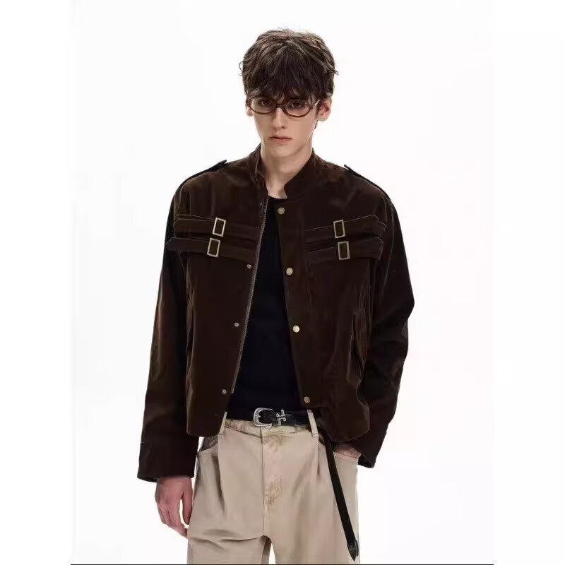 Men's Short Jacket with Stand Collar, Loose Fit, Autumn Korean Style, Trendy High-End Feel, Brown Cotton Men's Short Jacket with Stand Collar, Loose Fit, Autumn Korean Style, Trendy High-End Feel, Brown Cotton