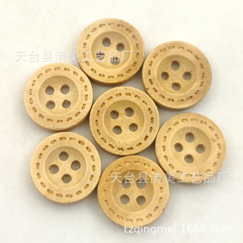 Botones de madera de cuatro orificios con borde anancho y punteado de madera de 15mm Botones de borde ancho con línea punteada de cuatro ojos de madera decorativa 100 piezas por paquete