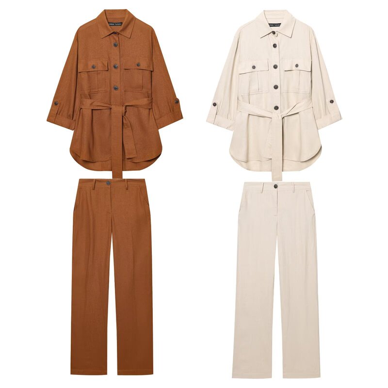 Za Cross-Border Women's Clothing Wholesale Linen Blended Casual Suit Long-Sleeved Shirt + Straight Pants 3046175 3046075