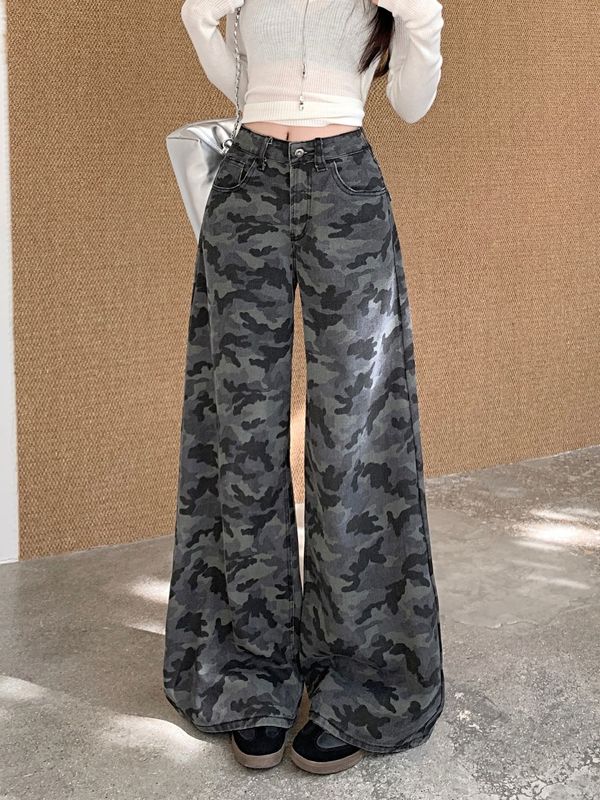 美式复古迷彩裤牛仔裤阔腿裤女秋季高腰小众宽松休闲拖地裤直筒裤|undefined