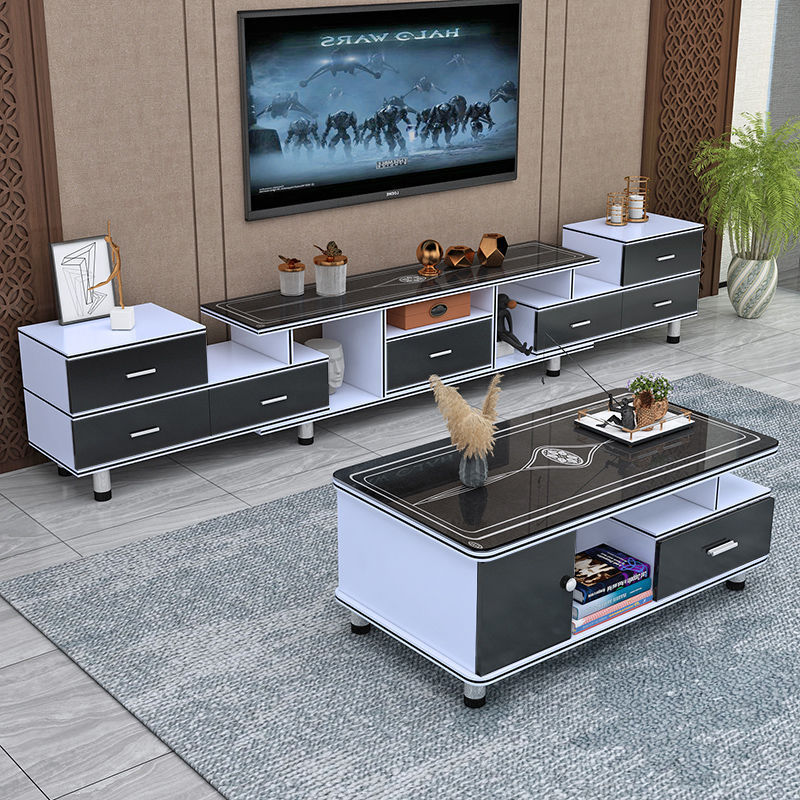 リビングルームのテレビキャビネットとコーヒーテーブルの組み合わせシンプルでモダンな強化ガラステレビキャビネット格納式多機能フロアキャビネット家具|undefined