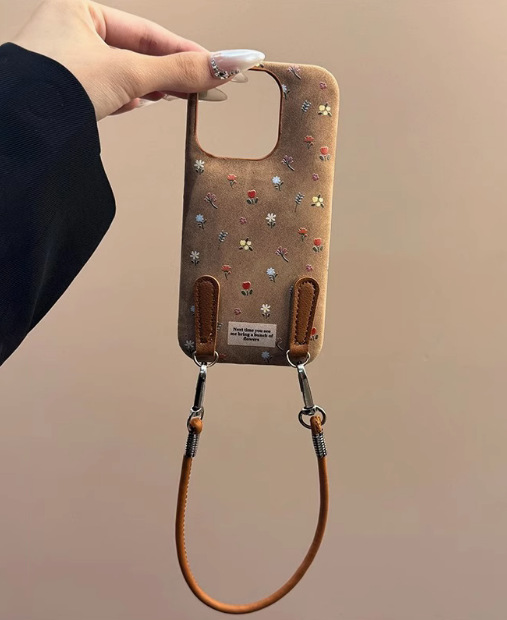 Maillard marrón pequeño floral iphone16promax bolsa de tambor patrón de piel Apple 15pro/14 funda para teléfono móvil aplicable 13