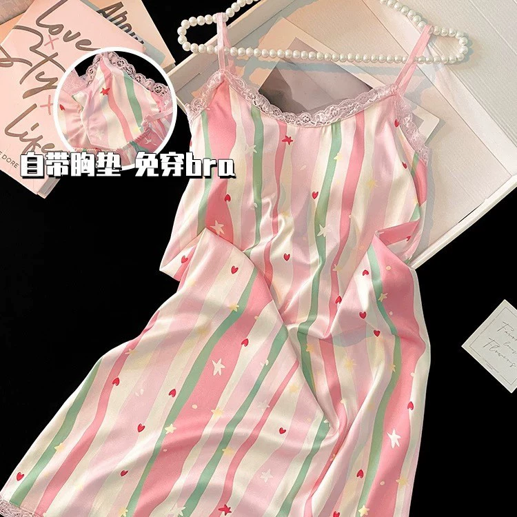 Летний новый милый девичий ночной юбка цвет олин средний и длинный ремень сексуальный нагрудный коврик домашнее платье пижама