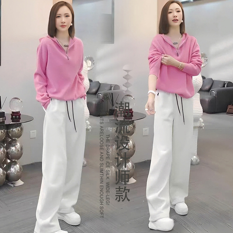 韩版休闲运动套装女春夏季粉色连帽卫衣洋气阔腿裤减龄穿搭两件套|undefined
