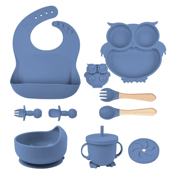 Dark blue nine-piece set (bib + owl plate + bear suction cup bowl (with snack lid) + food supplement bowl + silicone fork + wooden handle fork and spoon)
