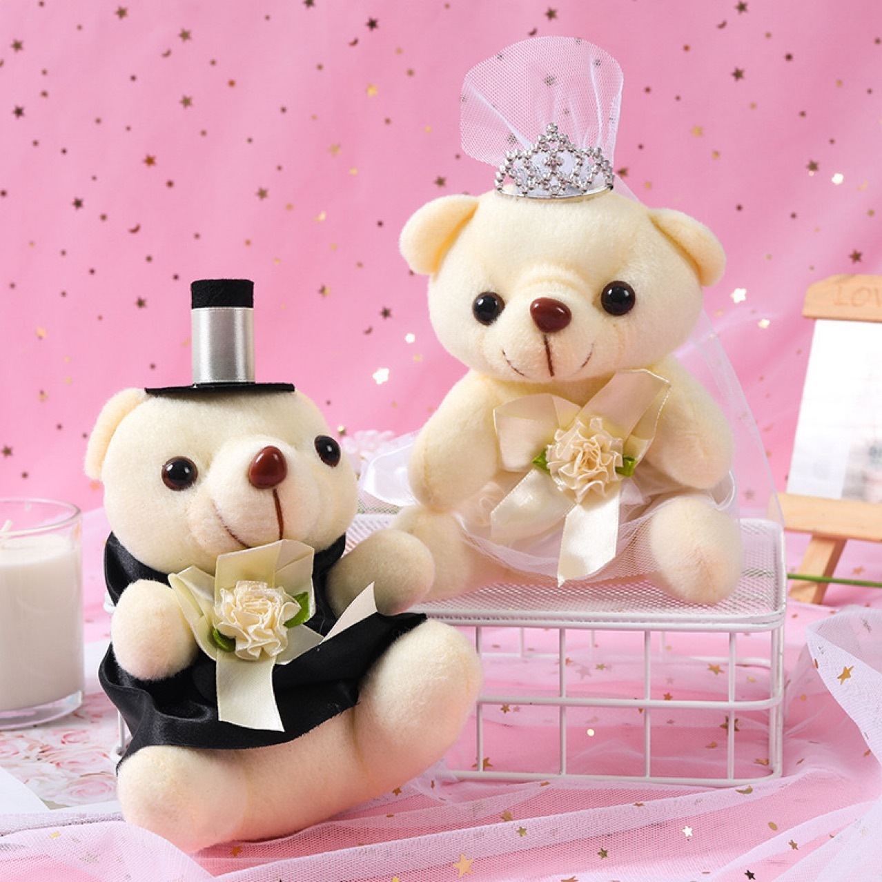 婚车车头装饰情侣婚纱熊18cm皇冠婚车对熊毛绒玩偶公仔婚庆娃批发