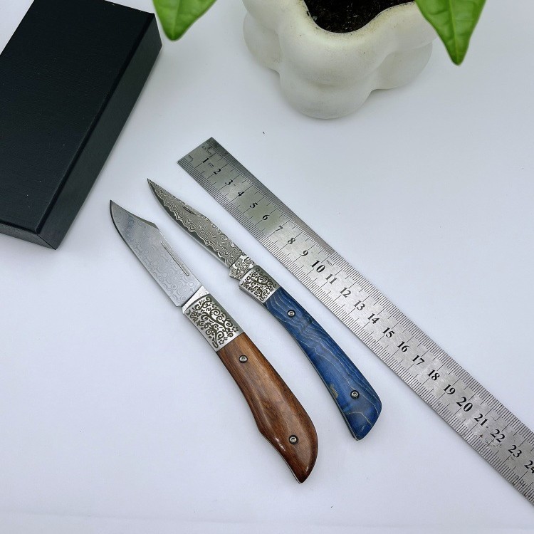 大马士革折叠刀 雕花钢头固化木手柄高硬度野外生存刀口袋折叠刀