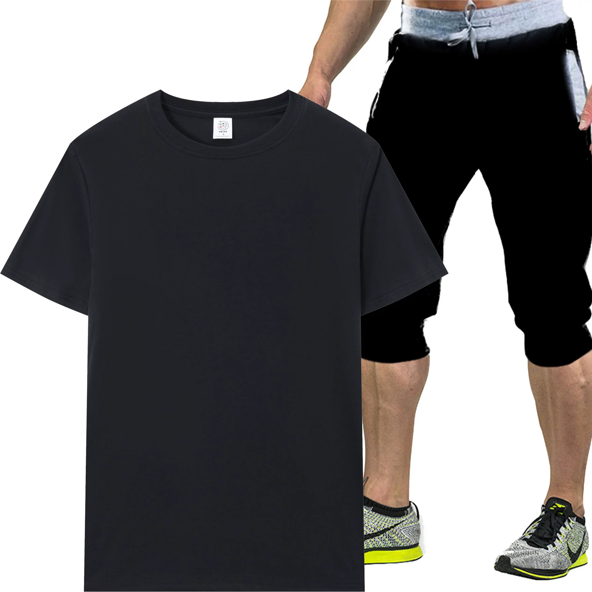 2025 летняя новая спортивная и повседневная футболка однотонного цвета для мужчин, укороченные брюки для фитнеса и бега + комплект с коротким рукавом
