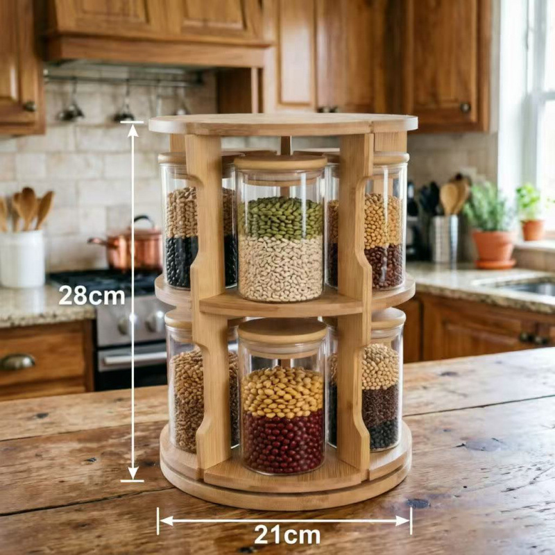 Rotating wooden rack sealed jars, grain glass jars, kitchen neat storage, high borosilicate glass storage jars