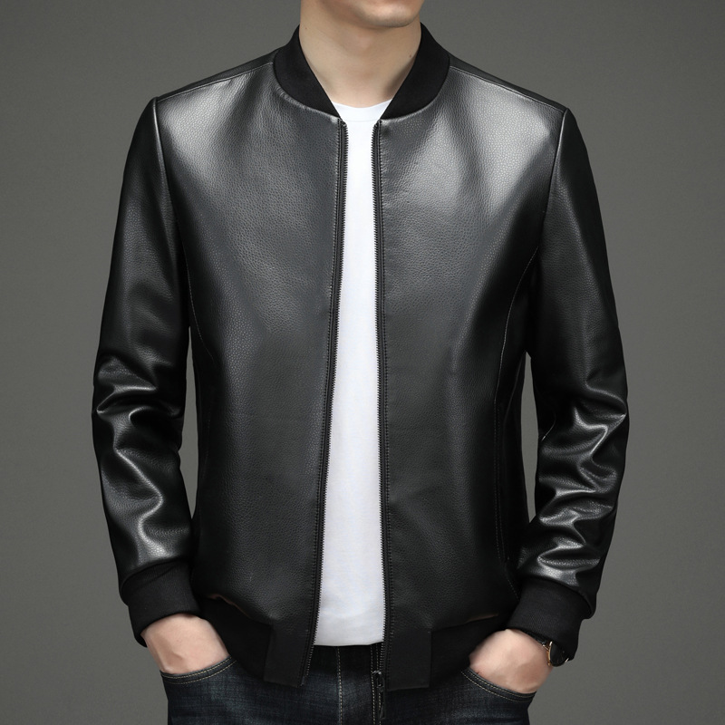 中青年男式真皮夹克衫秋冬新款休闲棒球领拉链薄款开衫外套男皮衣