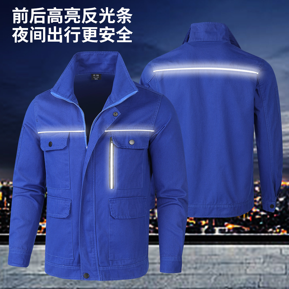 Spring and Autumn Pure Cotton Work Clothes Suit Labor Protection Clothing Wear-resistant Welding Anti-scalding Construction Work Clothing Gray Blue Reflective Strip Top