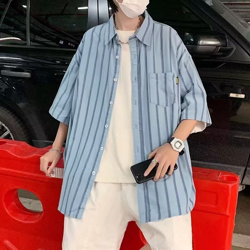 2026 Japanese Retro Striped Men's Short-Sleeve Shirt Trendy High Street Thin Shirt Korean Style Casual Shirt Men's Clothing