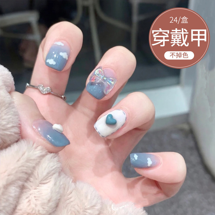 D027 fake nail patch detachable blue sky white cloud bow wear nail patch nail patch nail patch finished short