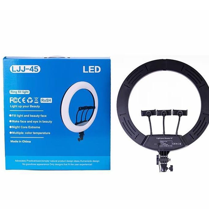 Fábrica de lámparas anulares de 18 pulgadas luz de compensación en vivo belleza fotografía lámpara de anillo tricolor con control remoto image 3
