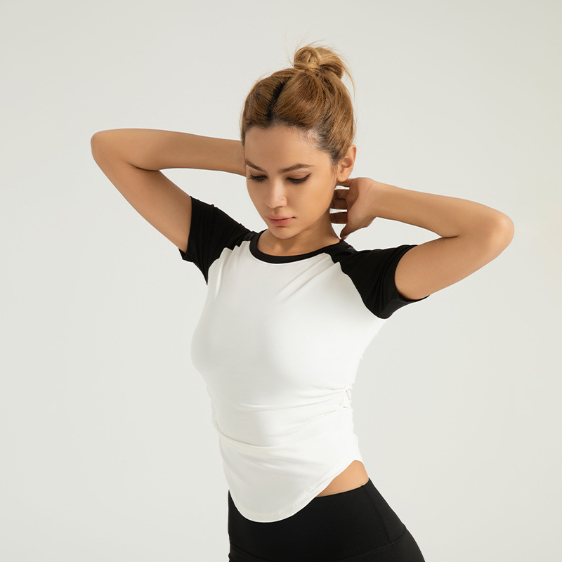 Top de yoga plisado con bloques de color para mujer, ideal para comercio transfronterizo, con efecto ceñido a la cintura, adelgazante, sensación de segunda piel, para deportes de yoga y fitness al aire libre.