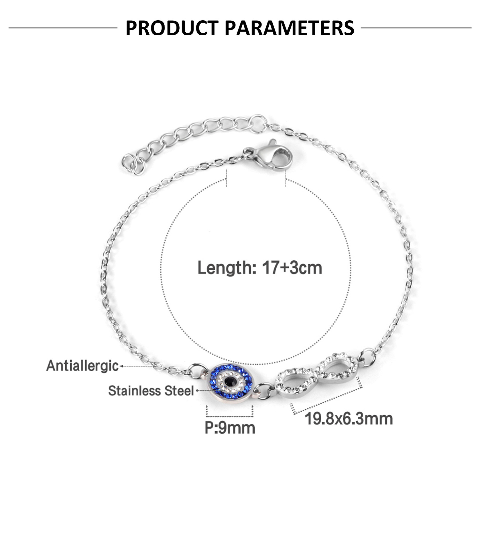 Fashion Devilu0027S Eye Stainless Steel Inlay Artificial Diamond Bracelets 1 Piece