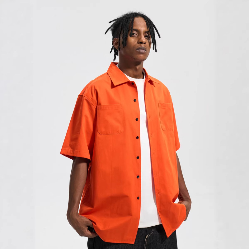 Slowgang American West Coast Orange Work Shirt Men's Cleanfit Hip-Hop Summer Loose Heavyweight Short-Sleeved Shirt