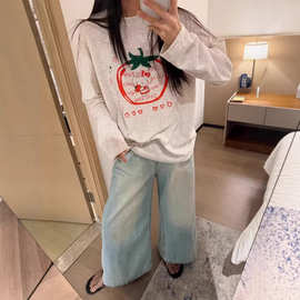 草莓印花长袖空调防晒衫夏季tee上衣T恤女G1838