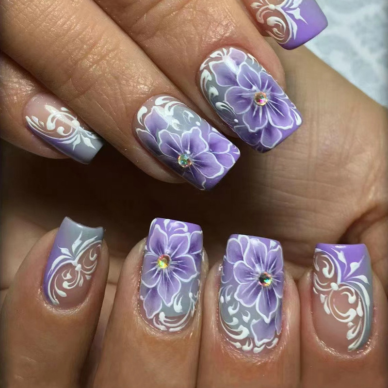 Retro Short Square Romantic Grey Purple European Style Line Flower Design Wear Nail Art Patch Foreign Trade Fake Nail