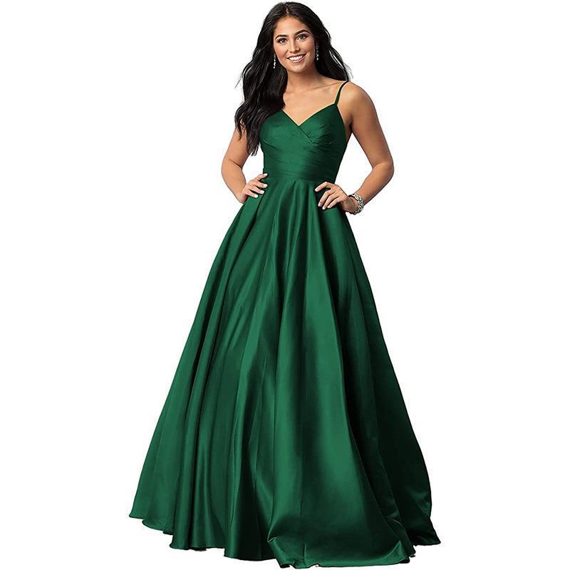 Foreign Trade Evening Dress V-Neck Prom 2026 New Formal Long Satin Banquet Host Evening Dress with Pockets
