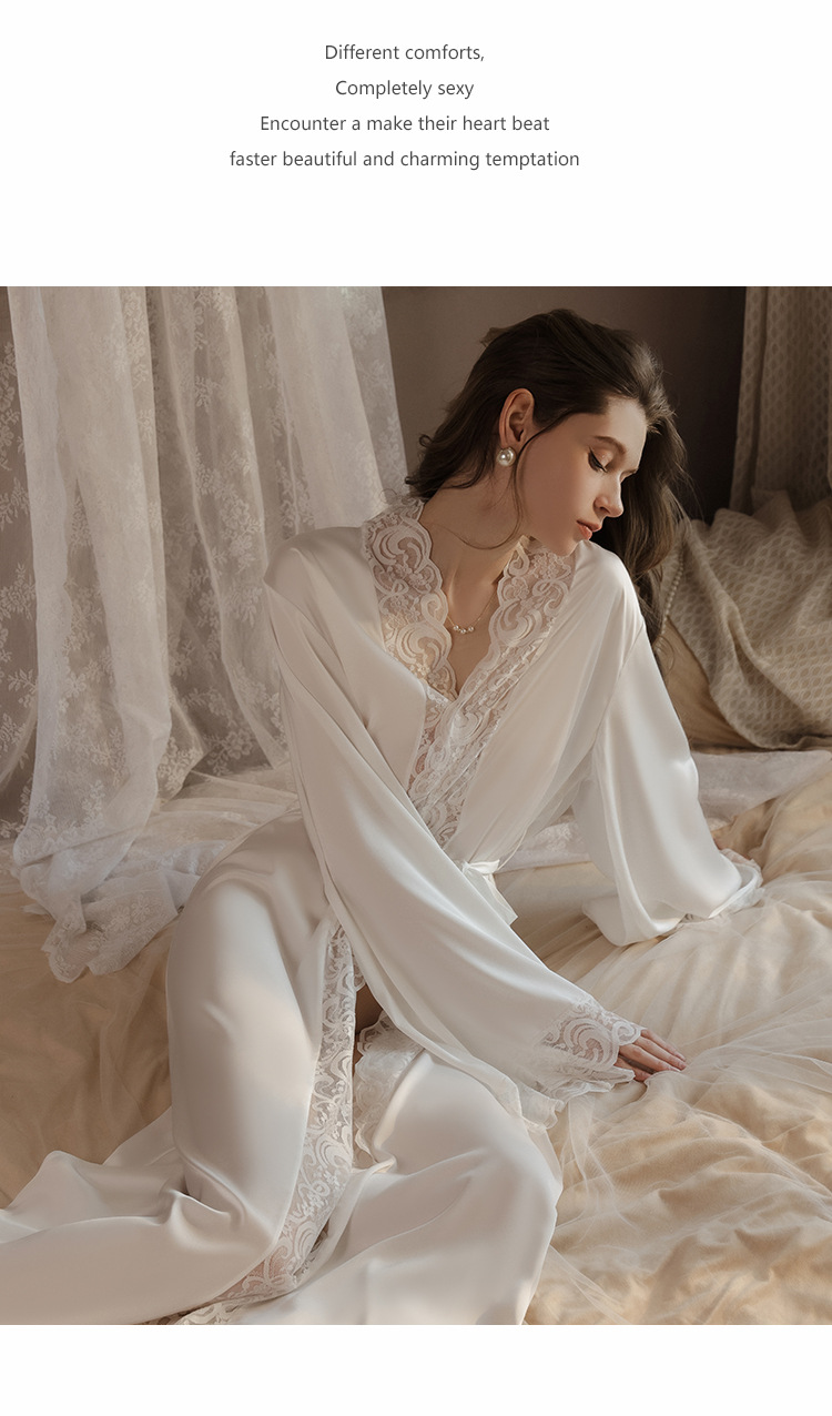 Fransk stil dam pyjamas i issilke med spetsdetaljer_voghion.com