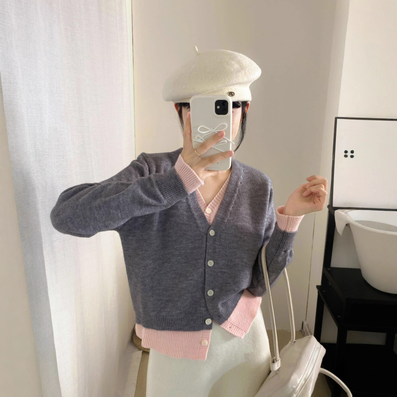 KANING撞色假两件针织开衫外套2025秋季新款设计感V领毛衣上衣女|undefined