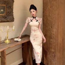 宴会晚礼服女2025夏装新款网红法式印花收腰显瘦网纱包臂开衩裙子