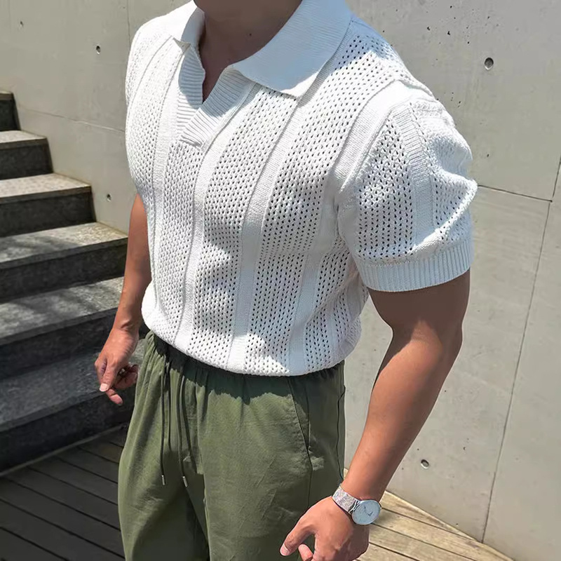 American-style mercerized cotton ice-silk polo shirt men's breathable hollow-out short-sleeved sweater lapel mesh tight-sleeved knitted T-shirt