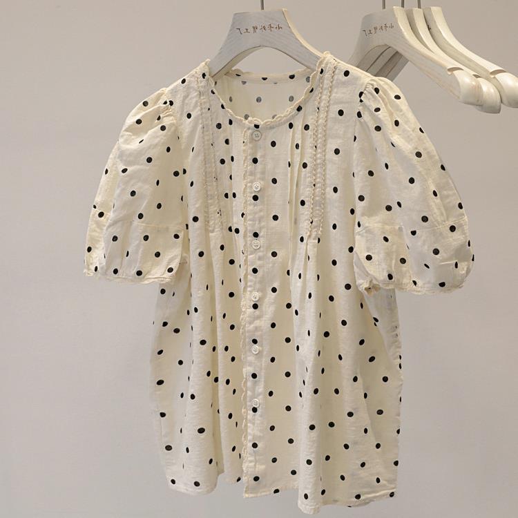 复古女孩zui爱！波点蕾丝花边泡泡袖衬衫女夏季洋气娃娃衫